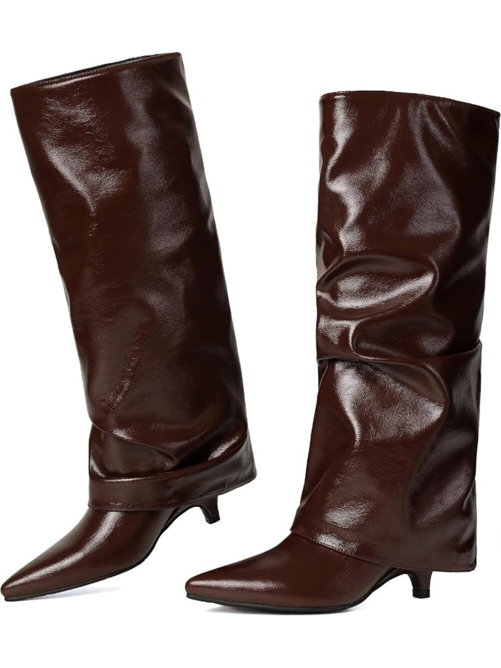 Women Coffee Faux Leather Pointed-Toe Folded Wide Calf Low Kitten Knee-High Boot